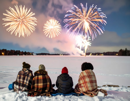 A joyful family watching winter firework celebration at night. group sitting in snow wrapped in blanket feeling togetherness and aweの素材