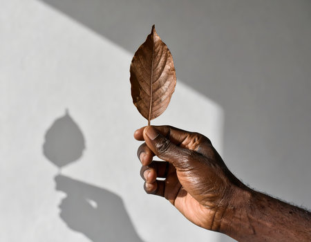 A contemplative black hand gently holding single dry brown leaf in natural sunlight with distinct shadow against plain white wall backgroundの素材