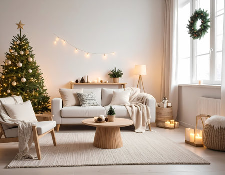 A cozy living room interior with modern scandinavian home decor. festive christmas tree and warm light create peaceful holiday atmosphere at homeの素材
