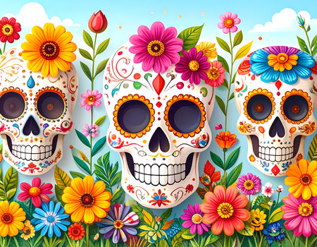 A three festive sugar skull with colorful flower ornament. vibrant mexican tradition celebrating day of dead with art and cultureの素材