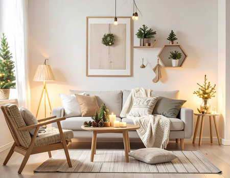 A cozy living room interior with home decor for festive winter christmas holiday. warm and calm atmosphere for peaceful celebrationの素材