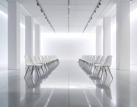 An empty modern white hall interior with two rows of chairs creating serene runway. bright, futuristic, minimalist background with reflectionの素材