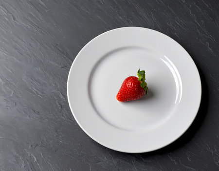 A single fresh red strawberry on white plate symbolizes healthy diet. minimalist food concept expressing loneliness or simplicityの素材