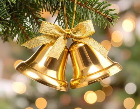 A joyful christmas holiday with gold bell ornament decoration hanging on tree. this festive background shows glitter bow and bokeh lightの素材