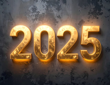 A hopeful glowing gold 2025 text for new year celebration. shiny number for future against dark textured background conceptの素材