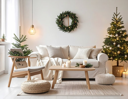 A cozy scandinavian living room home interior with christmas tree decoration. festive, peaceful atmosphere with beautiful wreath and warm lightの素材