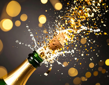 An exciting champagne bottle celebration with popping cork splash of alcohol, golden glitter, and party bokeh background for festive eventの素材