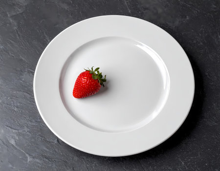 A simple fresh red strawberry fruit on clean white plate. minimal food concept for healthy eating, diet, and minimalist lifestyleの素材
