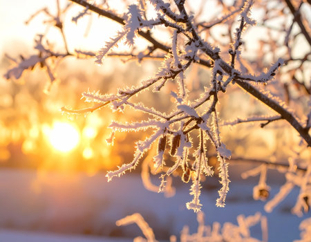 A tranquil winter branch covered in snow and frost, backlit by beautiful golden sun during cold sunrise. peaceful nature light sceneの素材