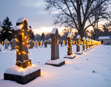 A peaceful cemetery at sunset with row of snow covered gravestone decorated with light for winter holiday remembrance in somber moodの素材