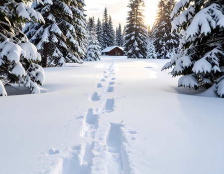 A tranquil winter path with footprint in snow leading to remote cabin in forest. serene landscape scene during cold sunsetの素材