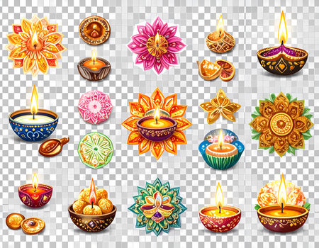 A festive diwali collection of traditional colorful diya oil lamp, rangoli, and light decoration for joyful hindu holiday celebrationの素材