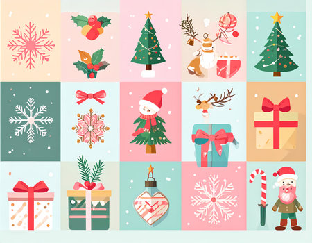 A joyful christmas illustration collection, festive set of holiday winter design elements like trees, snowflakes, and gifts for happy celebrationの素材
