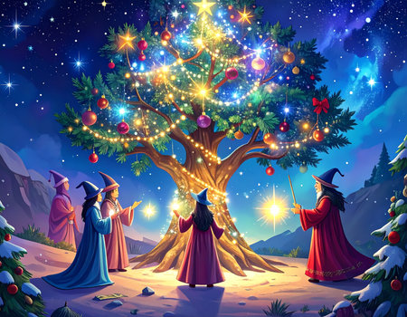 A group of wizard in fantasy winter landscape feel wonder at magic christmas tree. festive holiday celebration with glowing light at nightの素材