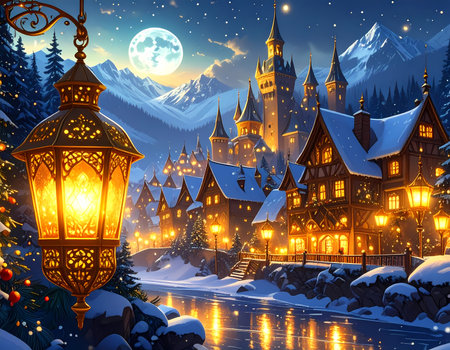A magical winter village at night covered in snow, glowing christmas lantern shines with castle, mountain and full moon in backgroundの素材