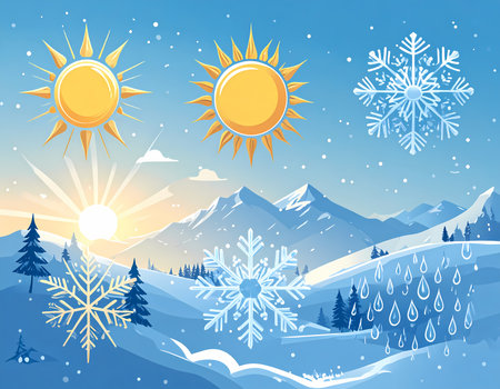 A weather illustration of winter landscape with mountain, sun, snowflake icon. cold and hot season concept for climate forecast and meteorologyの素材