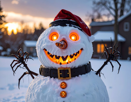 A scary evil snowman monster with glowing horror face. spooky winter holiday character with light up features in snow at sunsetの素材