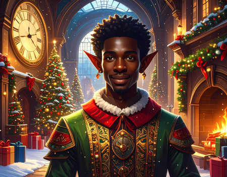 A happy smiling black man elf in festive costume celebrating christmas holiday. warm home interior with tree and fireplaceの素材