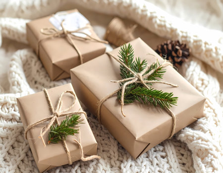 A joyful christmas holiday gift box wrapped in brown paper with pine decor. cozy, rustic present on white knitted blanket for celebrationの素材