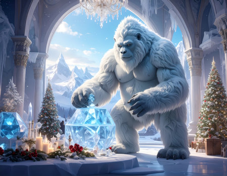 A serene white yeti in majestic ice palace with christmas tree and crystal. fantasy winter scene with powerful, gentle monsterの素材