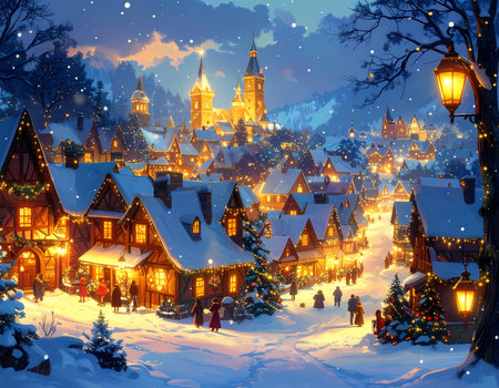 A magical christmas village during festive winter night. this cozy holiday town covered in snow glows with warm light and seasonal decorationの素材