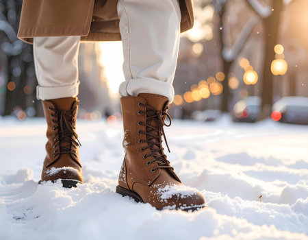 A serene person walking in brown boots on snowy city street during beautiful winter sunset. focus is on footwear and journeyの素材