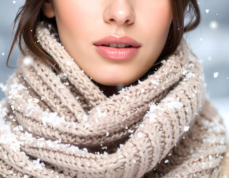 A serene woman face showing beauty skincare for winter snow. her lip and skin need cold weather care while wearing warm beige scarfの素材
