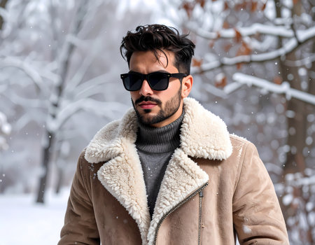 A stylish young man with serious expression in warm fashion jacket and sunglasses standing in cold winter park during light snow fallの素材