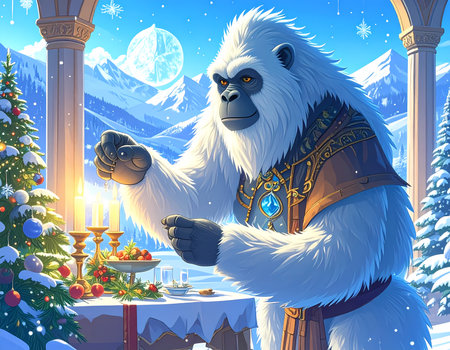 A peaceful white yeti celebrating christmas holiday, lighting candle on festive table with tree in snowy mountain landscapeの素材