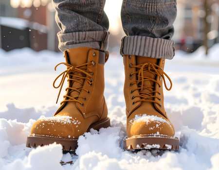 A close up of man brown leather boots on cold winter snow. outdoor fashion footwear for walk on frozen urban street with warm sunlightの素材