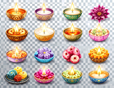 A colorful set of traditional indian diya lamp decoration for diwali festival celebration. beautiful spiritual collection of glowing light and flameの素材