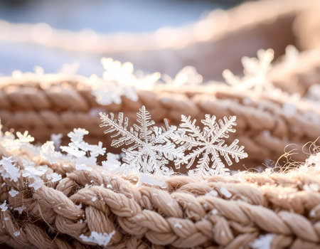 A serene macro of delicate snowflake crystal on brown knit wool. beautiful, cold winter background with soft sunlight creating peaceful moodの素材