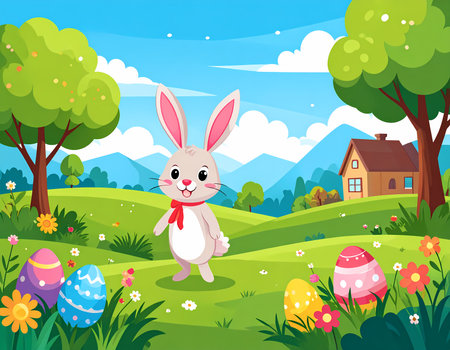 A happy cartoon bunny in spring landscape with colorful easter egg for holiday celebration. joyful cute rabbit in green field with flowerの素材