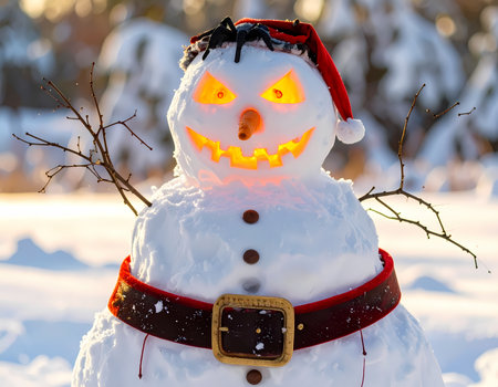 An evil scary snowman with glowing face and hat stands in winter holiday scene. creepy horror concept for christmas and halloweenの素材
