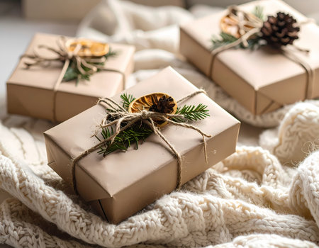 A rustic christmas gift box present with natural winter holiday decoration on cozy knit blanket. happy festive scene with handmade wrappingの素材