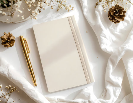 A cozy flat lay still life with notebook, gold pen, and pinecone on desktop. calm background for journal or writing conceptの素材