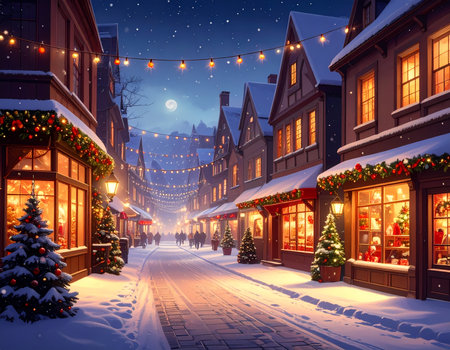 A magical festive cozy christmas winter street in charming town. buildings and shops covered in snow with holiday decoration and warm glowing lightの素材