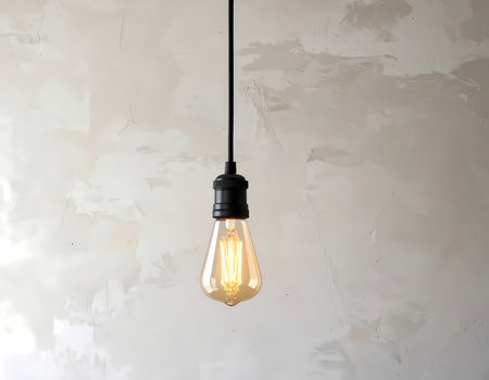 A warm vintage light bulb, hanging retro lamp providing cozy light. this industrial decoration against simple textured wall offers inspirationの素材