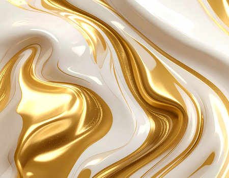 An elegant luxurious abstract background of gold and white liquid. fluid texture with smooth shiny pattern of swirling cream and golden waveの素材