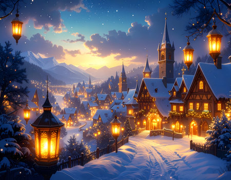 A magical winter village with cozy glowing light at dusk. snow covered town nestled in peaceful alpine mountain valley on holiday eveningの素材