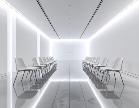 A tranquil modern futuristic white interior room with rows of chairs. this minimalist design features clean, empty space perfect for businessの素材