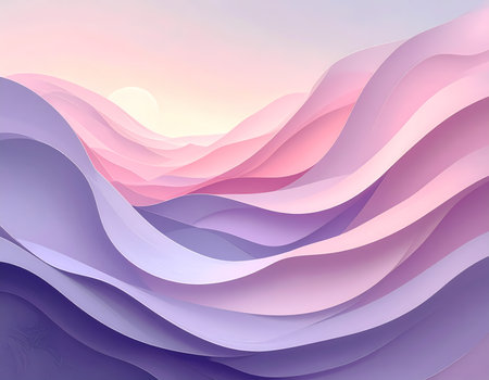 A serene abstract landscape with purple and pink waves. calm, modern background illustration creating peaceful and dreamy pastel aestheticの素材