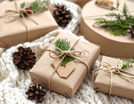 A cozy christmas holiday winter scene with handmade rustic gift present box. festive decoration and wrapping for warm celebration backgroundの素材