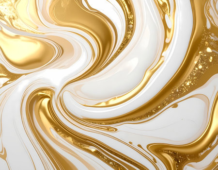 A luxurious abstract background of swirling white and gold liquid paint. an elegant and smooth flowing texture with touch of opulent glitterの素材