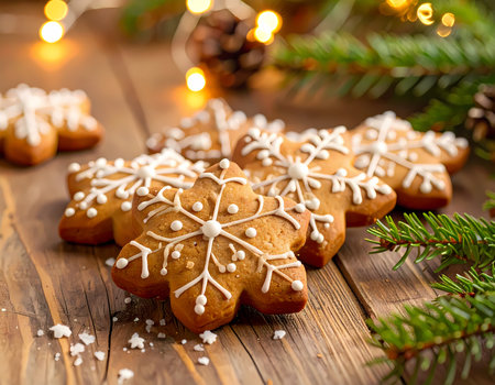 A warm festive gingerbread snowflake cookie for christmas holiday dessert. sweet homemade winter baking treat on rustic wooden backgroundの素材