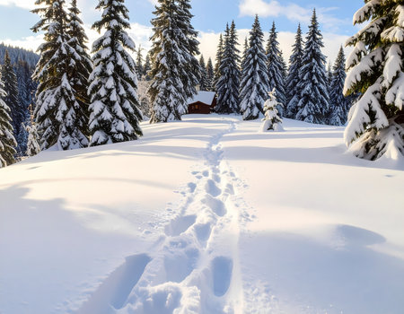 A serene winter landscape with path of footprint in deep snow. cozy cabin sits among forest of pine tree. peaceful and idyllic viewの素材