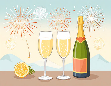 A joyful celebration with sparkling wine, two glasses, and fireworks over mountain. festive holiday party with bubbly toast and happy moodの素材
