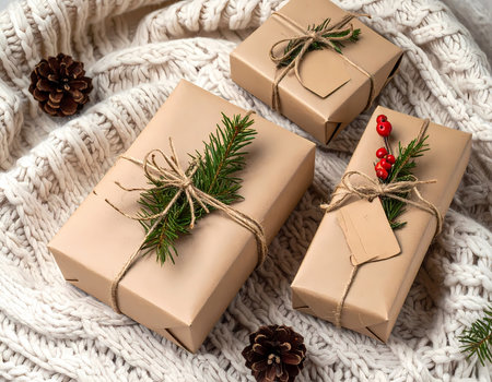 A cozy rustic christmas holiday scene with handmade gift box present. winter decoration on warm white knit background for festive celebrationの素材