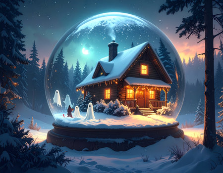 A magical snow globe with cozy house at night. in winter snow forest, cute ghosts celebrate halloween. fantasy, whimsical sceneの素材