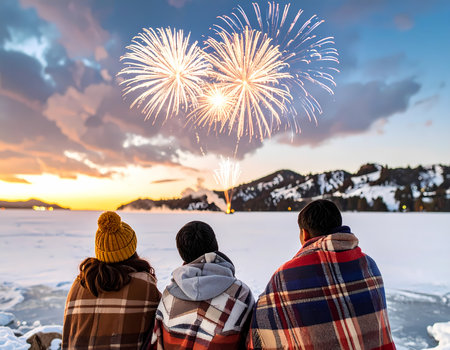 A happy family watching firework celebration together over frozen snow lake in winter. beautiful sunset view full of joy and togethernessの素材
